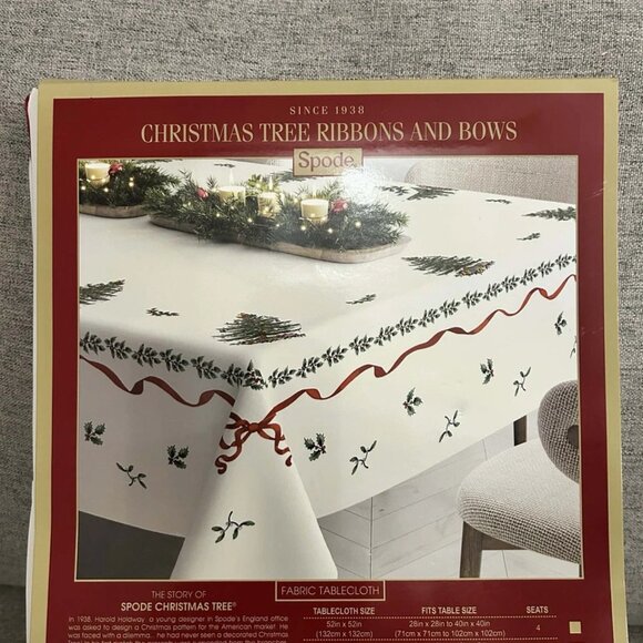 NEW Spode Christmas Tree Ribbons & Bows Fabric Tablecloth - Seats 6-8 - Picture 2 of 6